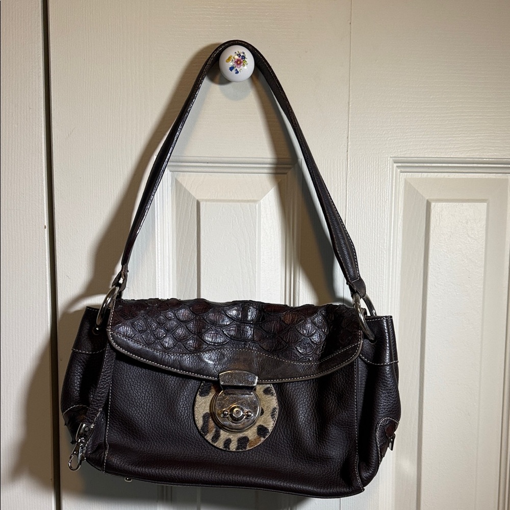 Women's Dark Brown Leather Shoulder Bag with Leopard Accent